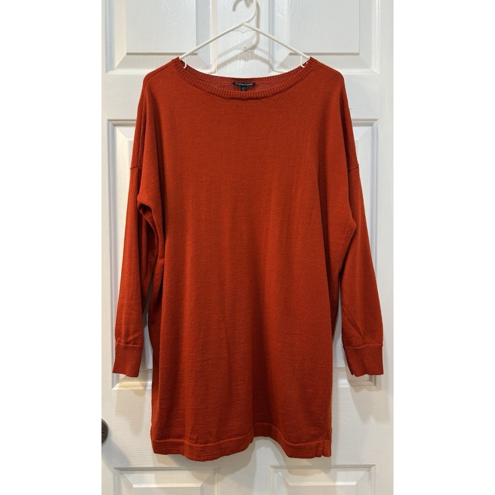 Eileen Fisher Burnt Orange 100% Merino Wool Longline Tunic Sweater Sz M Luxury
